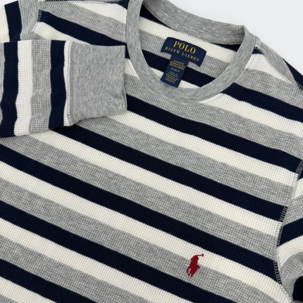 Polo Ralph Lauren Mens Small Sleepwear Thermal Shirt Striped Waffle Knit Grey S